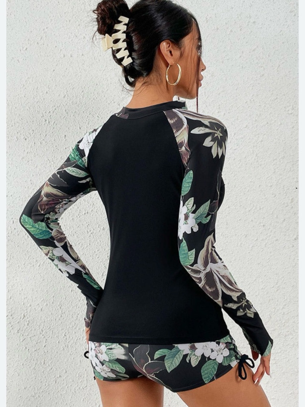 Long Sleeve Black Floral Rash Guard Swim Top and bottom - Women - Picture 2 of 8